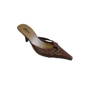 Carlos Cognac Brown Pointed Toe Mule Slides Brass Hardware Accents